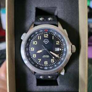 Shield Palau Leather-Band Men's Diver Watch w/Date - Silver/Black